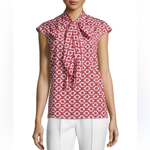 Tory Burch 10 Red White Pattern Cap Sleeve Neck Tie Silk Blouse - Picture 1 of 14